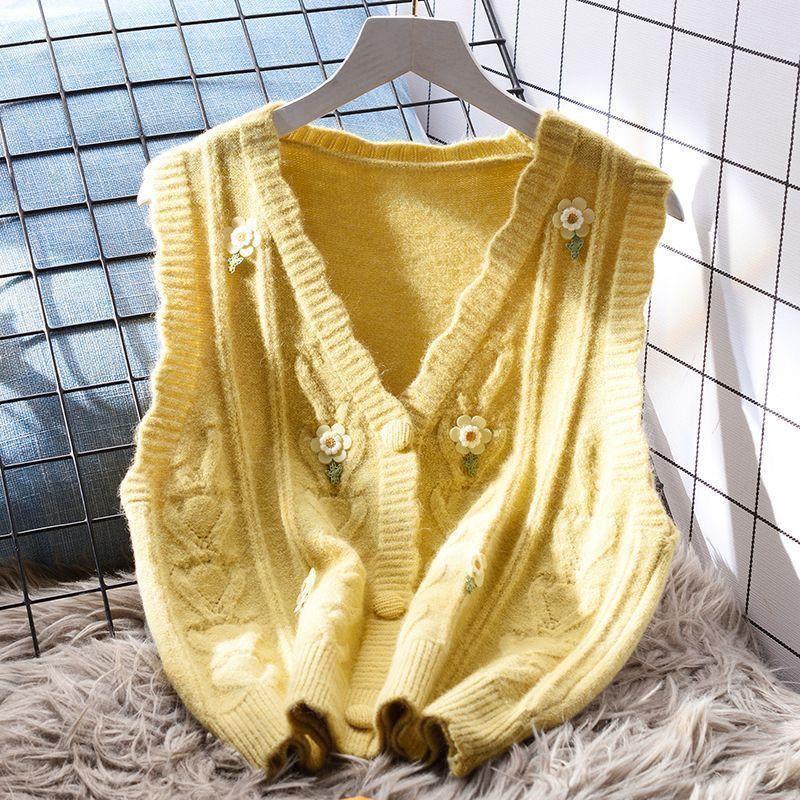 Áo Vest Dệt Kim Thêu, Cổ Chữ V Nhẹ Nhàng, Dáng Rộng Vừa Vặn, Dành Cho Nữ, Hàng Mới Về Mùa Thu, Áo Mặc Bên Ngoài Hàn Quốc, Áo Len Không Tay Áo Cardigan Women Top 2