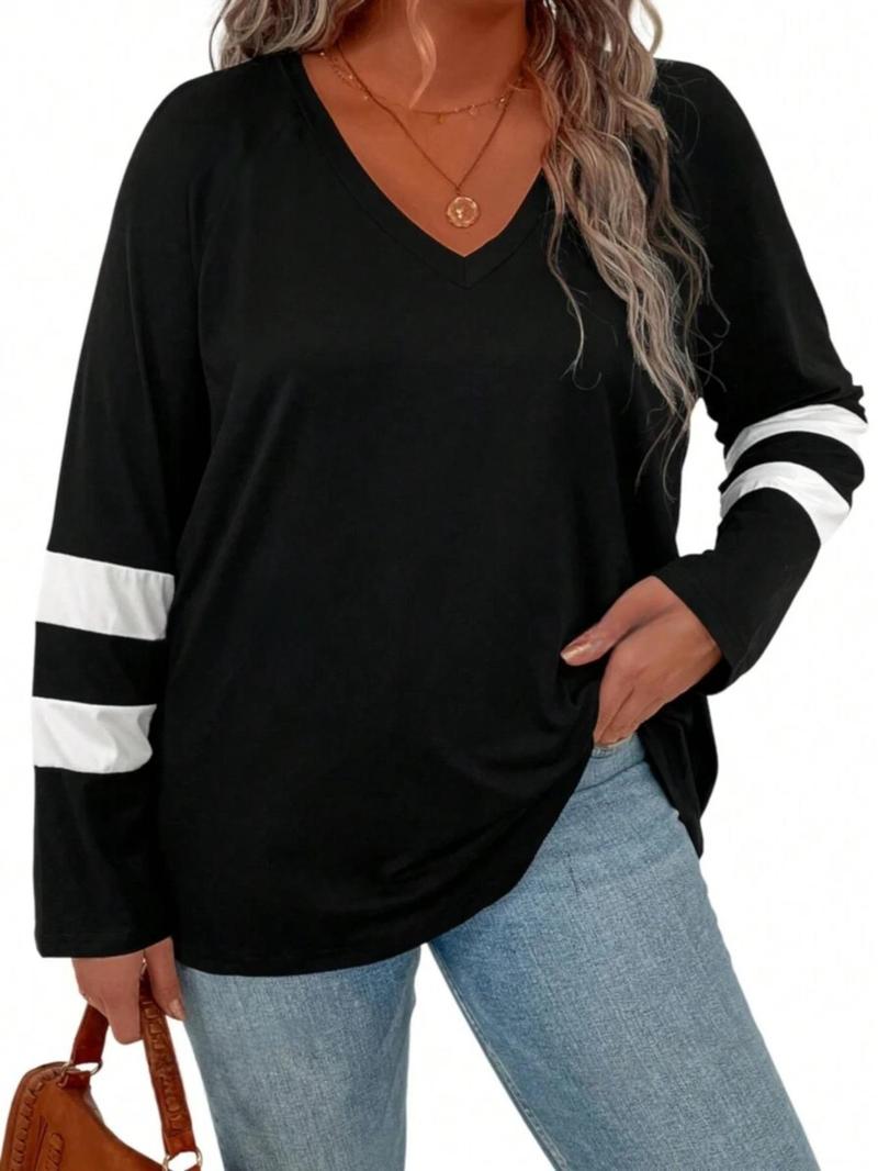 Product Introduction of Plus Size Colorblock Striped Print Raglan Sleeve Tee, Casual V Neck Long Sleeve T-shirt for Spring & Fall, Women's Clothing for Daily Wear 3
