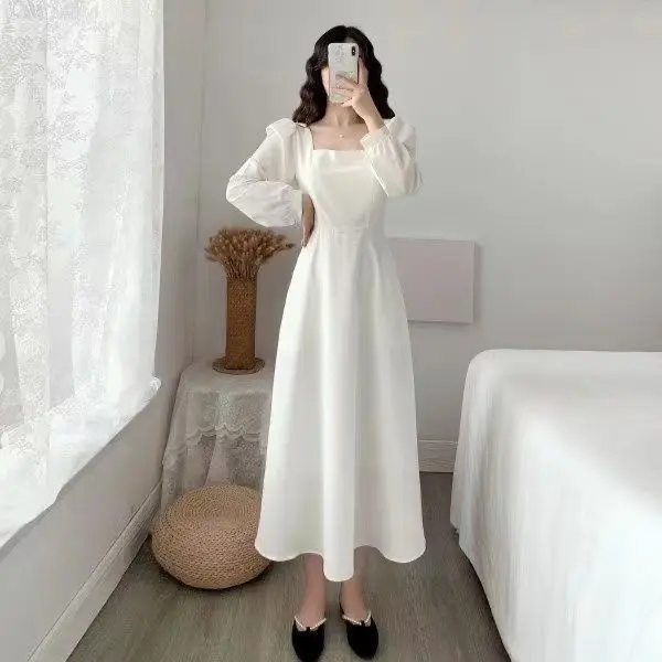 Váy Thời Trang, Váy Dài Tay Mùa Xuân Cho Nữ, Cổ Vuông Thanh Lịch, Dài Quá Gối, Phong Cách Hepburn, Váy Đen Nhỏ Women Dress Khuy Trắng Màu Trắng