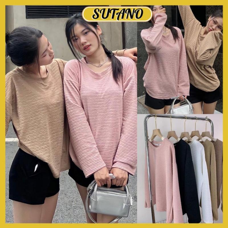 Áo dài tay nữ xốp nhăn 5 màu áo thun kiểu nữ form rộng cổ tròn dài tay phong cách vintage bánh bèo hàn quốc A201 SUTANO