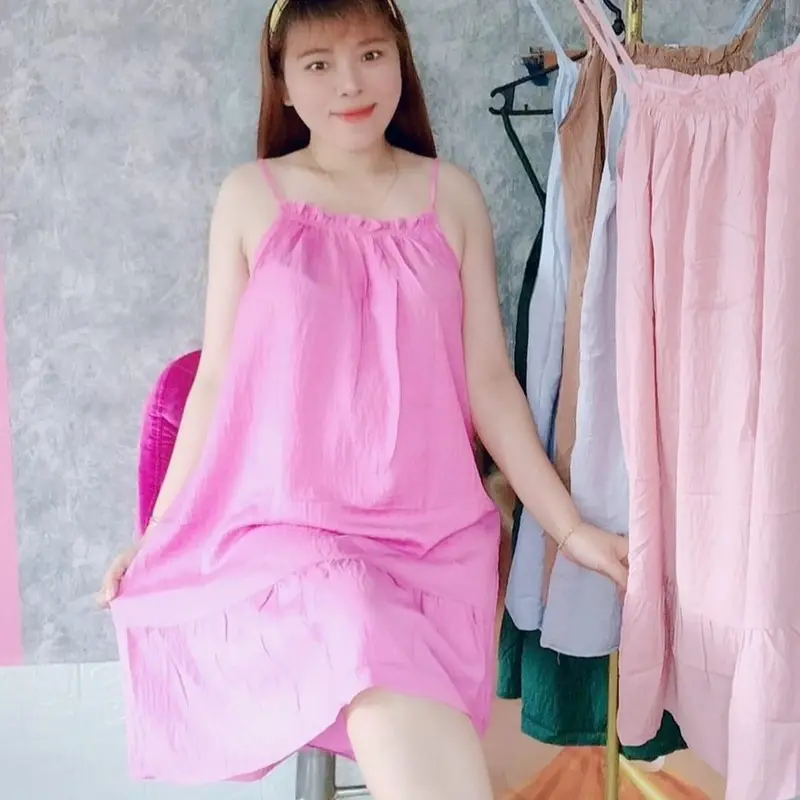 Váy nữ hai dây vải Đũi xốp mềm mát Freesize từ 40-60kg Đầm Women Dress Đỏ Khuy Umi 4