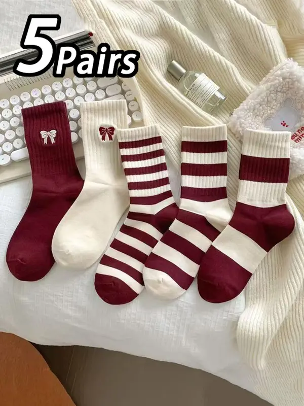 Women's 5 Pairs Colorblock Stripped & Star Print Crew Socks, Casual Moisture Wicking Socks, Soft Comfy Breathable Socks for All Seasons Daily Wear, Socks for Women, Crew Socks Women, Matching Set 4