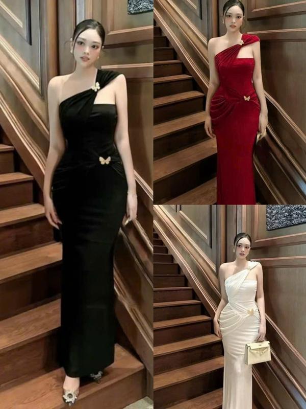  SM - Đầm ôm body chéo vai dáng dài đính tang hồ điệp sang chảnh - Thun ladong Váy boby  váy body nữ tôn dáng  váy xinh  váy đi tiệc  váy đi biển 