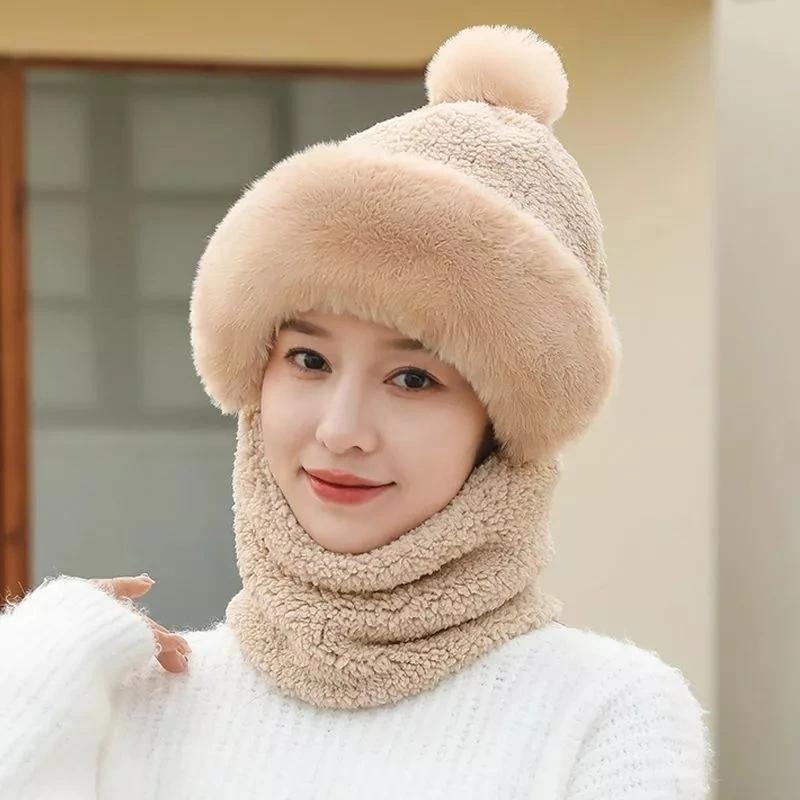 Mũ lông cừu nữ liền khăn - nón len lông loại đẹp trùm đầu giữ ấm mùa đông kiểu dáng mông cổ