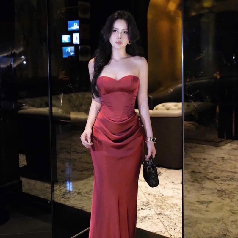Váy thiết kế nữ- Váy cup lụa dáng dài nhún eo dự tiệc sang chảnh HD557
