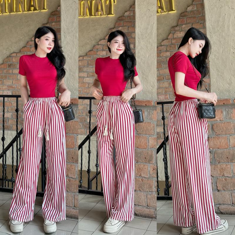 B18 - Set Áo Thun Tay Ngắn Cổ Tròn + Quần Ống Xuông Có Dây Lưng Women