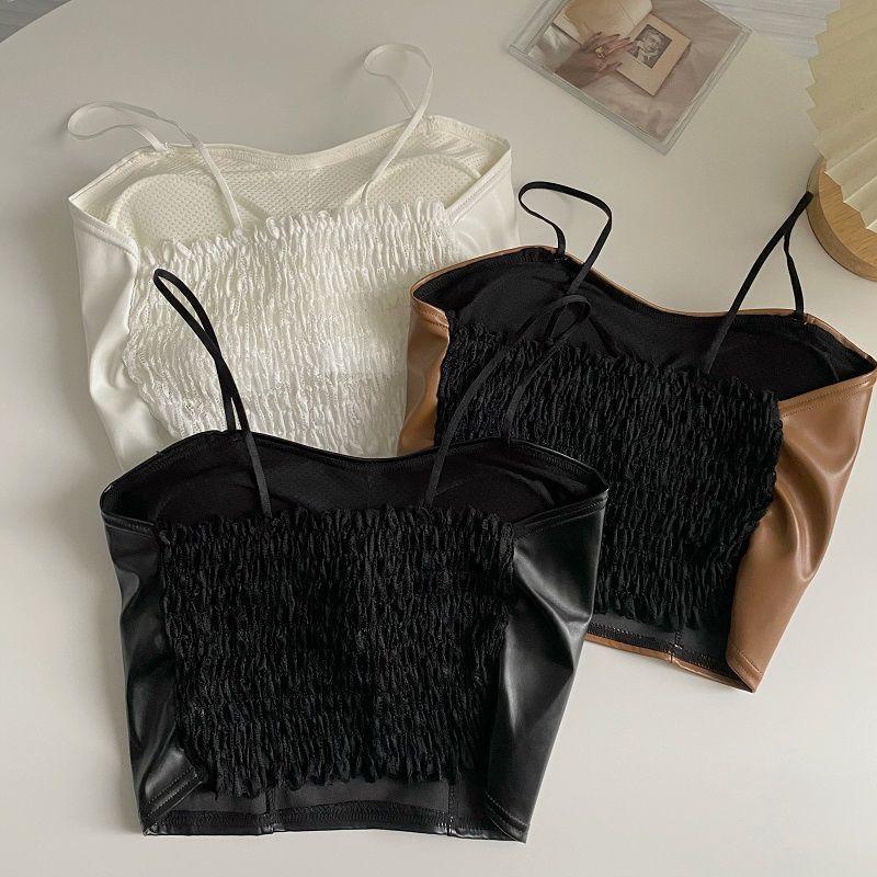 Product Introduction of European and American hot girl PU leather jacket, camisole, small vest, women's autumn outfit with chest cushion, short base shirt, top Lingerie Tube Lady Basic Minimalist Spaghetti Strap 6