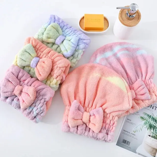 Microfiber Rainbow Bow Shower Cap Female Quick Dry Hair Towel Shower Head Wrap Cute Princess Cap Soft Dry Hair Cap