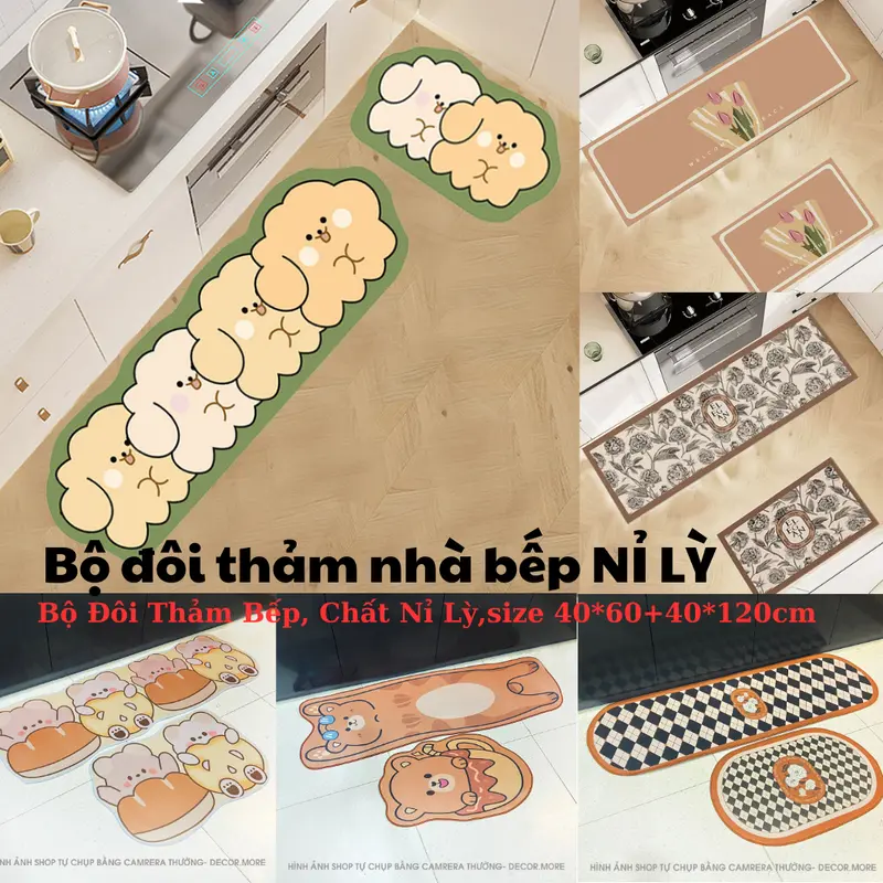 Bộ hai thảm bếp dày mịn dùng cho không gian bếp,chất nỉ lỳ mặt thảm êm chân, đế hạt cao su hổ trợ chống trơn trượt, size 40*60cm +40*120cm 0