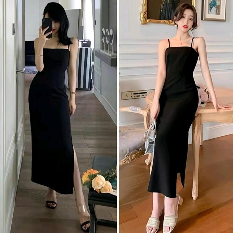 ĐẦM ôm body 2 DÂY chất Thun Poly DÁNG DÀI MAXI xẻ tà quyến rũ Màu Đen Nữ Dress Voi Nhung Voan dự tiệc sang chảnh