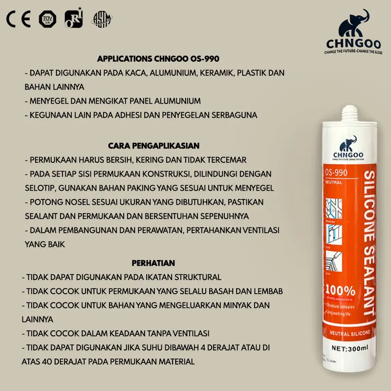LEM SEALANT, LEM KACA, LEM TOILET, LEM PLASTIK CHNGOO Neutral OS-990 300ml 6
