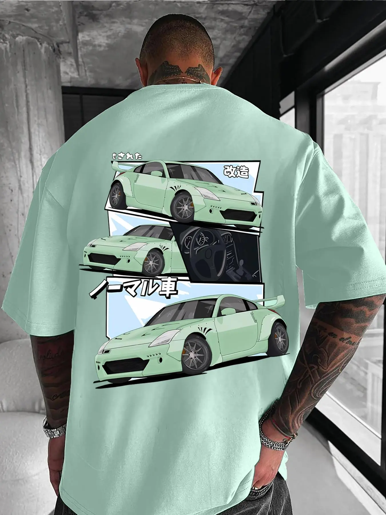 Men's Car & Letter Print Drop Shoulder Tee, Street Fashion Short Sleeve Round Neck T-shirt for Daily Wear, Men's Clothes for All Seasons