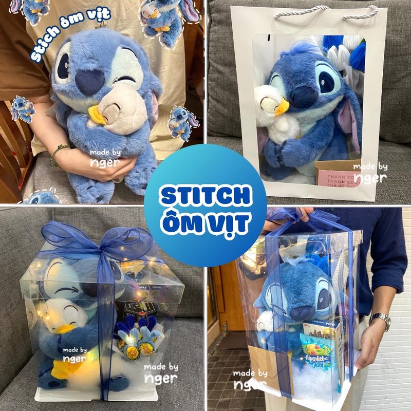 Gấu bông stitch xanh ôm vịt 35cm, hộp quà stitch xanh - Món quà dễ thương tặng người thân, bạn bè, trẻ em