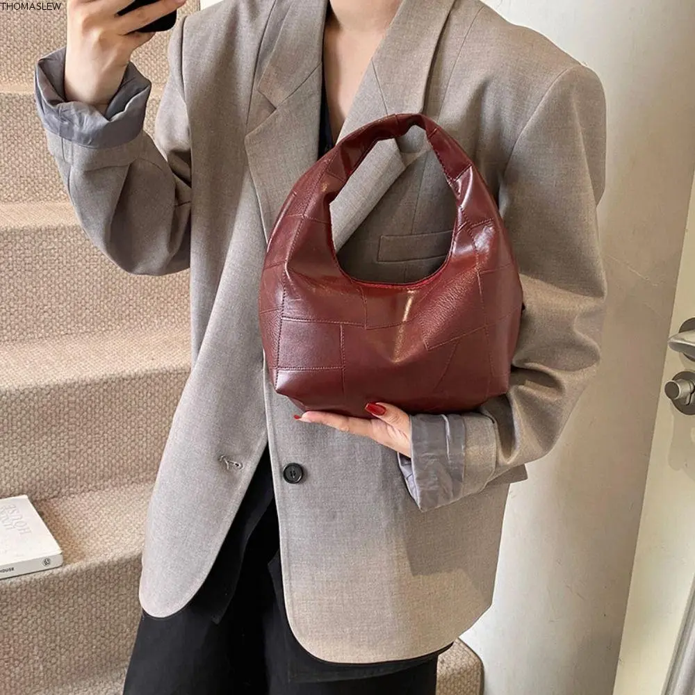 Simple Pu Weave Bag Red Quilted Pattern Underarm Bag Purse Fashionable Crescent Bag Make Up Bag