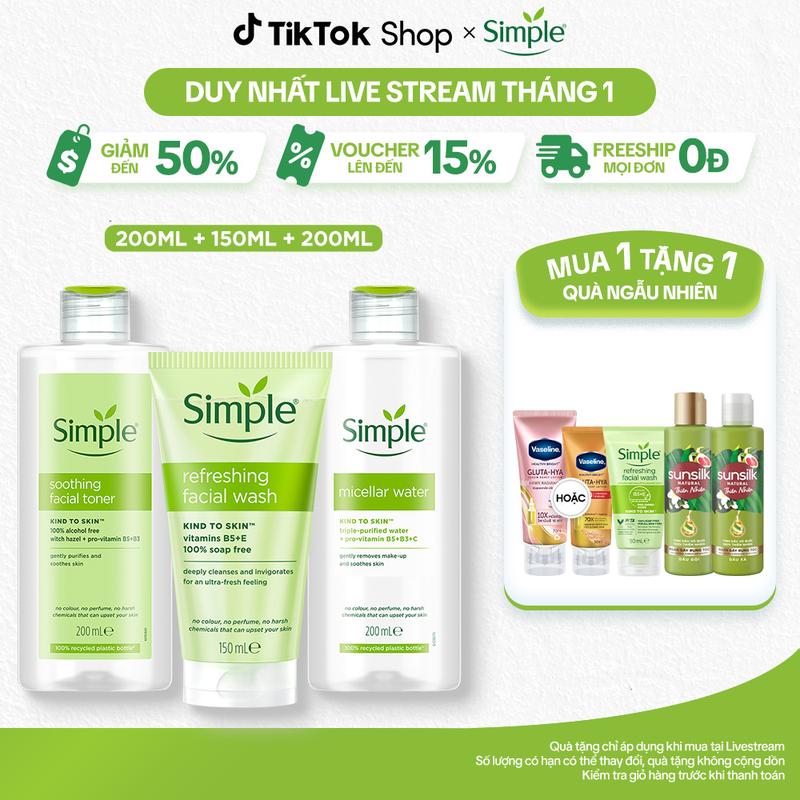 1 Combo 3 Skincare Simple Nước Tẩy Trang 200ml Sạch Sâu Ẩm Mịn + Sữa Rửa Mặt Lành Tính Sạch Thoáng 150ml + Nước Hoa Hồng Làm Dịu & Cân Bằng Da 200ml - Dành Cho Da Nhạy Cảm