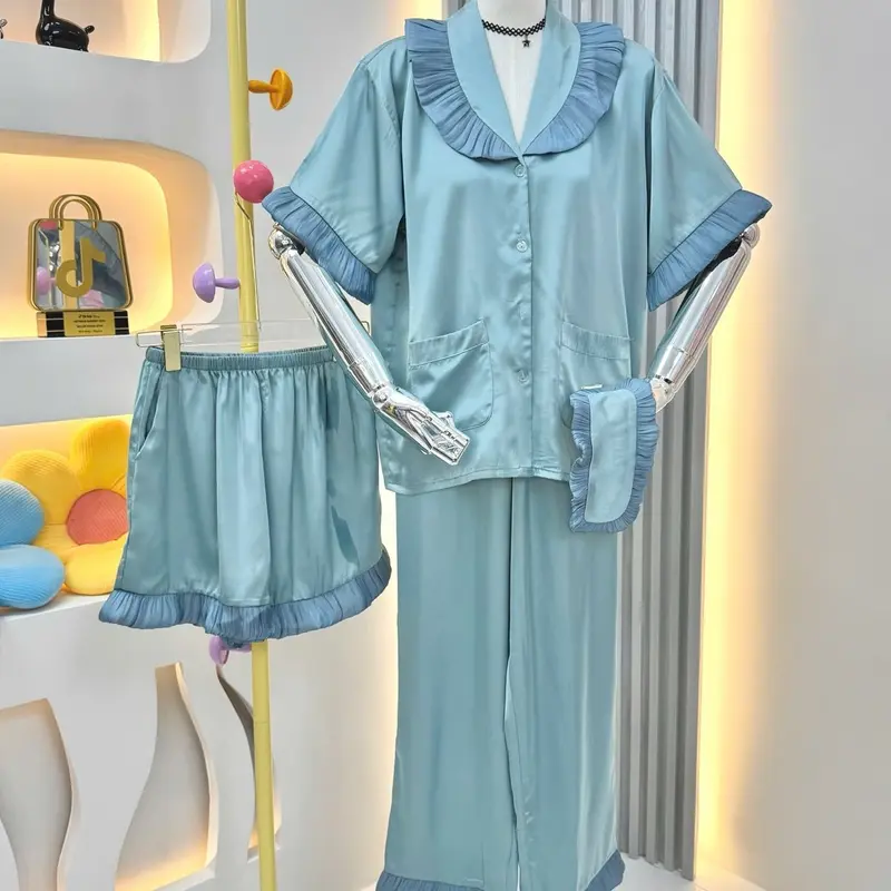 [4 SIZE 40-95KG] PIJAMA LỤA LATIN PHỐI VOAN KIẾNG TAY NGẮN QUẦN DÀI KÈM QUẦN ĐÙI VÀ BỊT MẮT 5