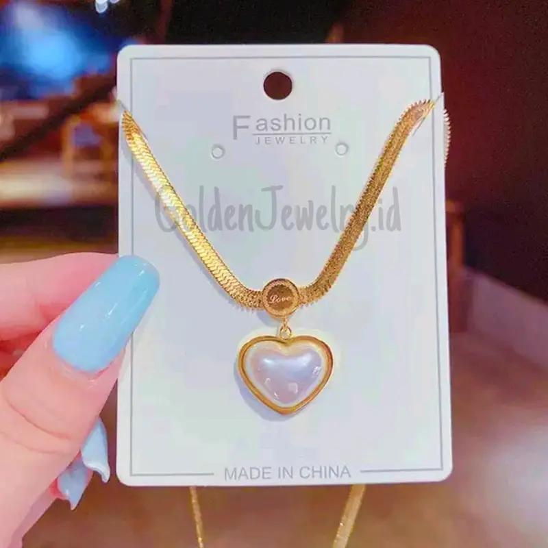 TITANIUM KALUNG LOVE MUTIARA GEPENG STYLE KOREA ANTI KARAT & ANTI LUNTUR 2