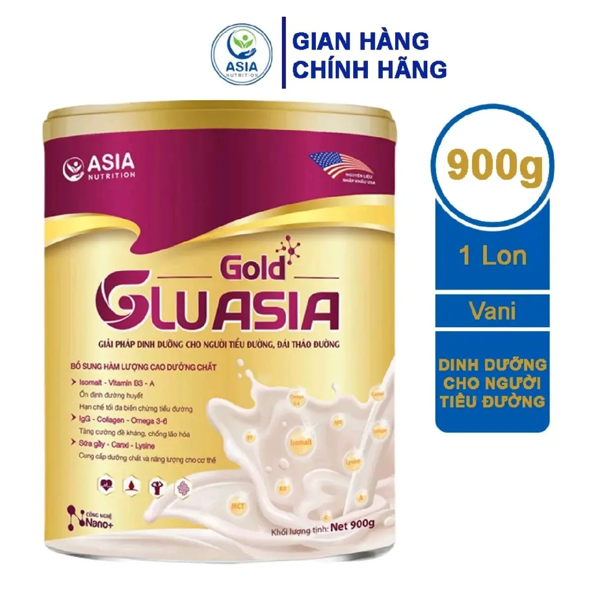 Sữa GLUASIA GOLD 900g, date 2026 -2027 (tiểu đường, xương khớp...)