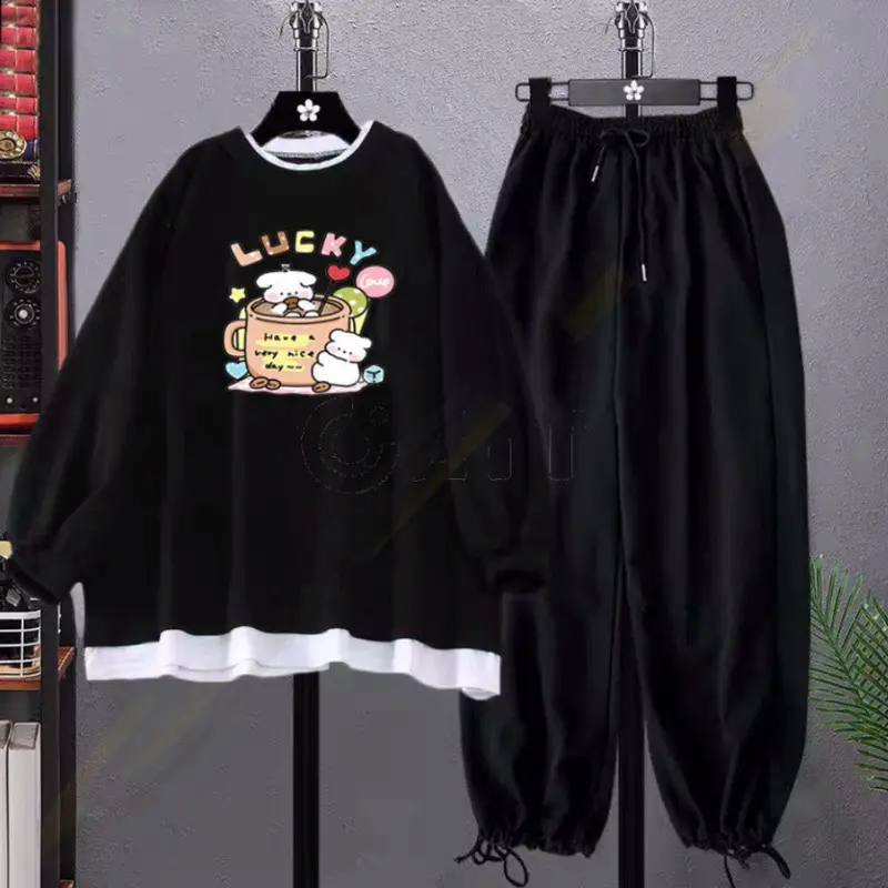 FREESHIP Sét áo nỉ phối gấu trắng Cún Lucky và quần bom chun,Áo nỉ Unisex from rộng, thiết kế phong cách hàn quốc   Geme Fashion 0