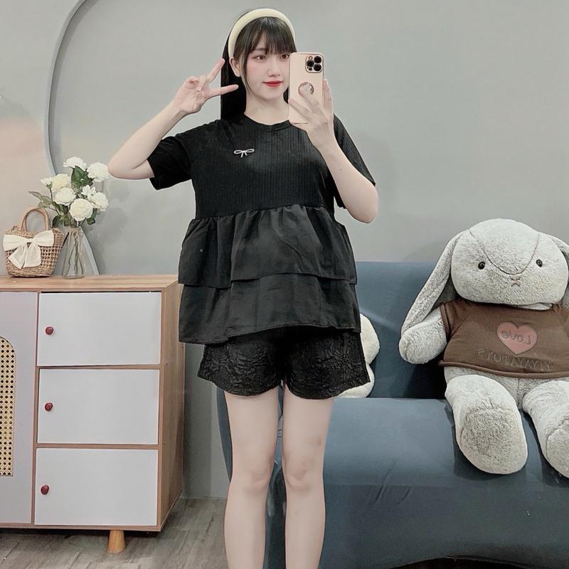  Áo Bầu Cộc Tay Chất Tăm thái Co Giãn,Dáng Babydoll 2 Tầng Xinh Xắn Dành Cho Các Mom 