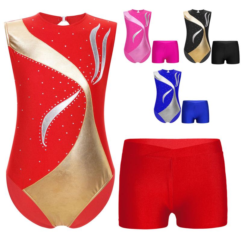TTAO Kids Girls Sleeveless Gymnastics Ballet Dance Leotard Sparkly Unitard Biketard Athletic Bodysuit with Shorts Set 1