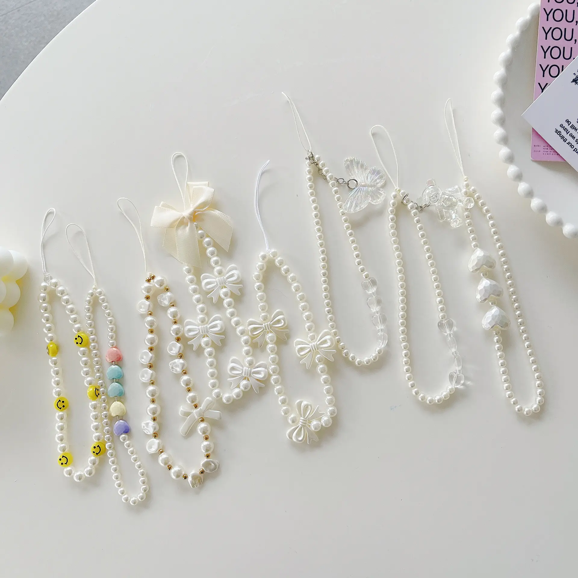 Lanyard Heart Fresh Colorful Beaded Phone Case Pearl Crystal Bear Bracelet Hanging Chain Accessories