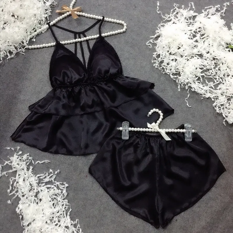 ĐỒ NGỦ SEXY - ĐỒ BỘ ĐÙI 3 DÂY LƯNG VẢI PHI CÓ MÚT Nhung Nữ Women Áo