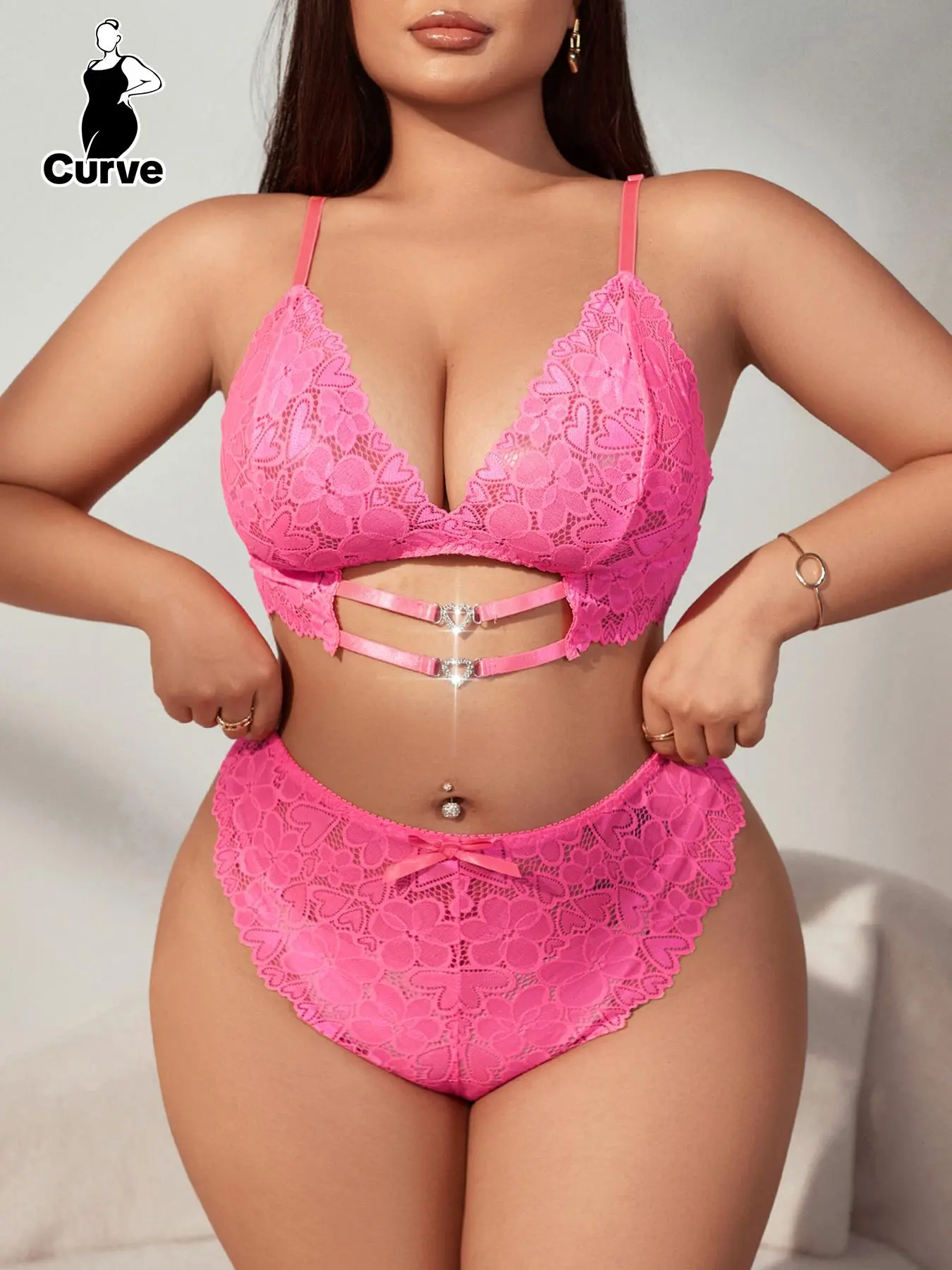 【Plus Size】 Two-piece Set Heart Embroidery Sheer Lace Bra & Panty Set, Naughty Lingerie, Adjustable Strap Wireless Bra & Cut Out Panty, Lingerie Set for Women