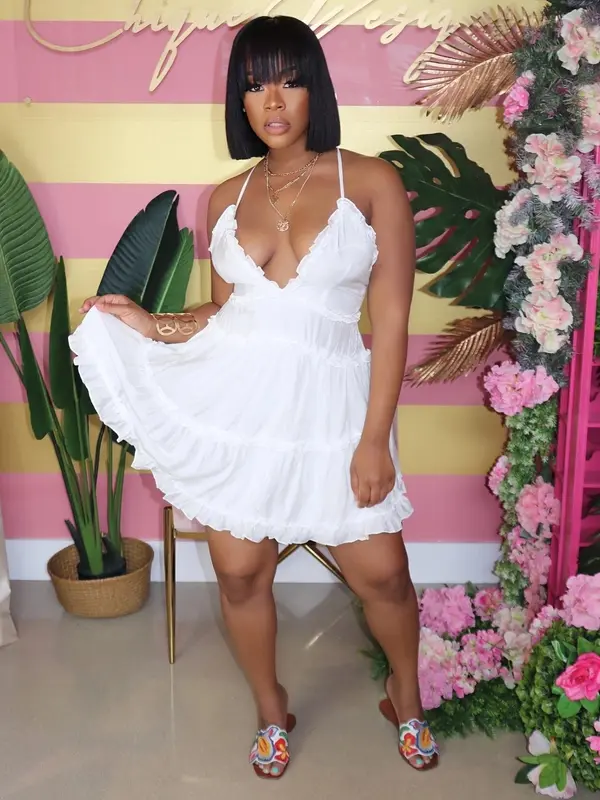 Women's Criss Cross Frill Trim Ruffle Hem Cami Dress, Dress in Club, Dresses for Women, Summer Dresses, Casual Backless Short Dress for Summer, Ladies Dresses Summer for Beach, Women's Summer Clothes, Womenswear, Lady Sundresses 0