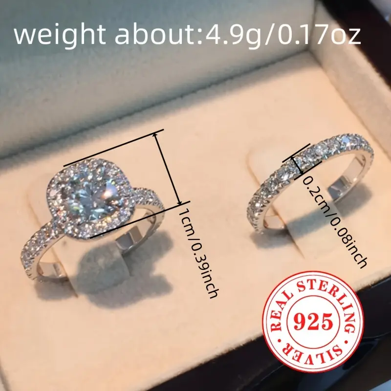 2pcs Women's Ring Set 4.9g S925 Pure Silvery Inlaid Zirconium Ring for Engagement and Wedding Jewelry Accessories 4