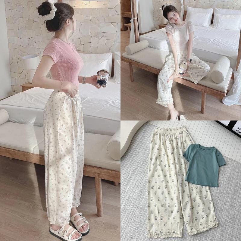 Set Bộ Áo Croptop Quần Hoa Nhí Xinh Xắn, Áo Trơn Cổ Tròn Quần Ống Rộng Viền Bèo , Màu Hồng Kem Xanh Dress Nữ Top Women MC123 Ong
