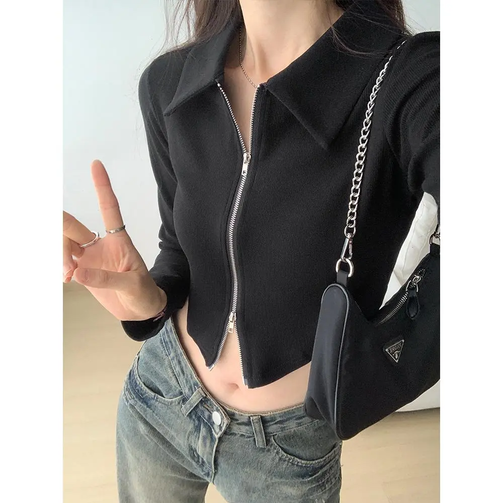 [] Design Sense Niche Polo Collar Long-Sleeved T-shirt for Women Early Autumn 2024 New Black Short Top Double Zipper Coat Womenswear Lingerie Blouses Lady Comfort Longsleeve Basic Casual Minimalist Collared