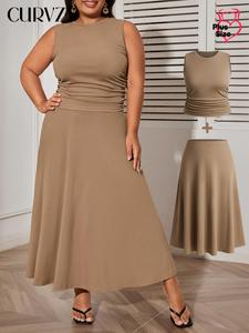CURVZY Plus Size Autumn Aesthetic Plain Ruched Tank Top & A-Line Skirt Set, 2 Counts Elegant Sleeveless Round Neck Top & Long Skirt Set for Summer & Autumn, Women's Plus Outfits for Daily Wear