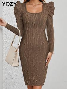 YOZY Women's Textured Leg-of-mutton Sleeve Bodycon Dress, Elegant Square Neck Long Sleeve Short Dress for Party Dating Wear, Women's Clothing for Fall & Winter