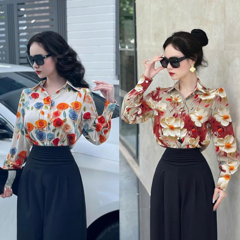 Áo Sơ Mi [ Mango 1 Lớp - Tơ Thêu 2 Lớp ] Thiết Kế EMME Tay Dài Họa Tiết Hoa Dành Cho Nữ Top Women Nhung New Voan 01 A396 2