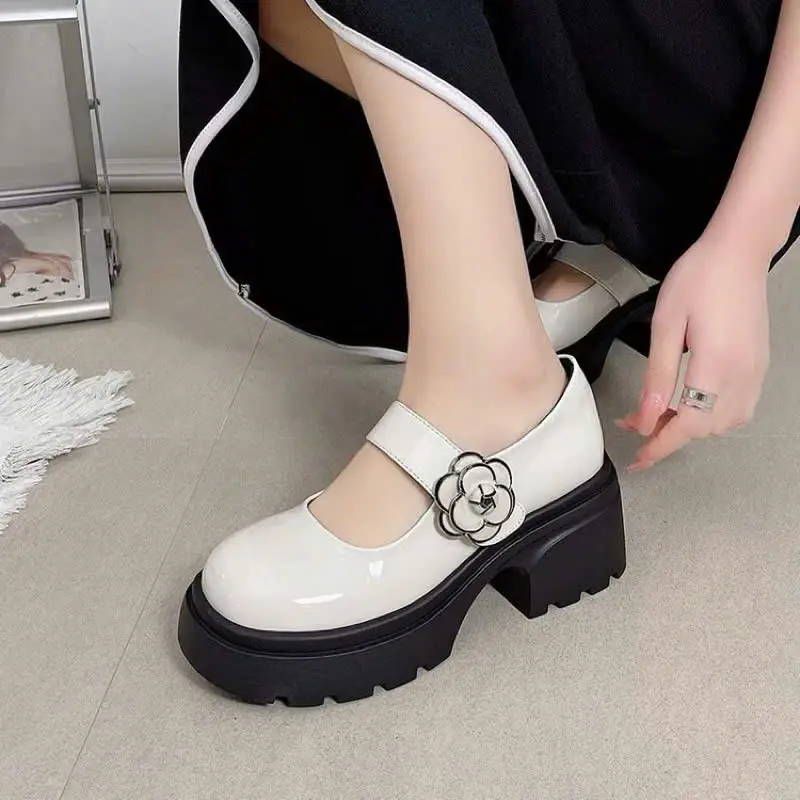giày búp bê lobita nữ 5cm cài hoa trà chất da mềm Mũi tròn Shoes Giày Bệt 2
