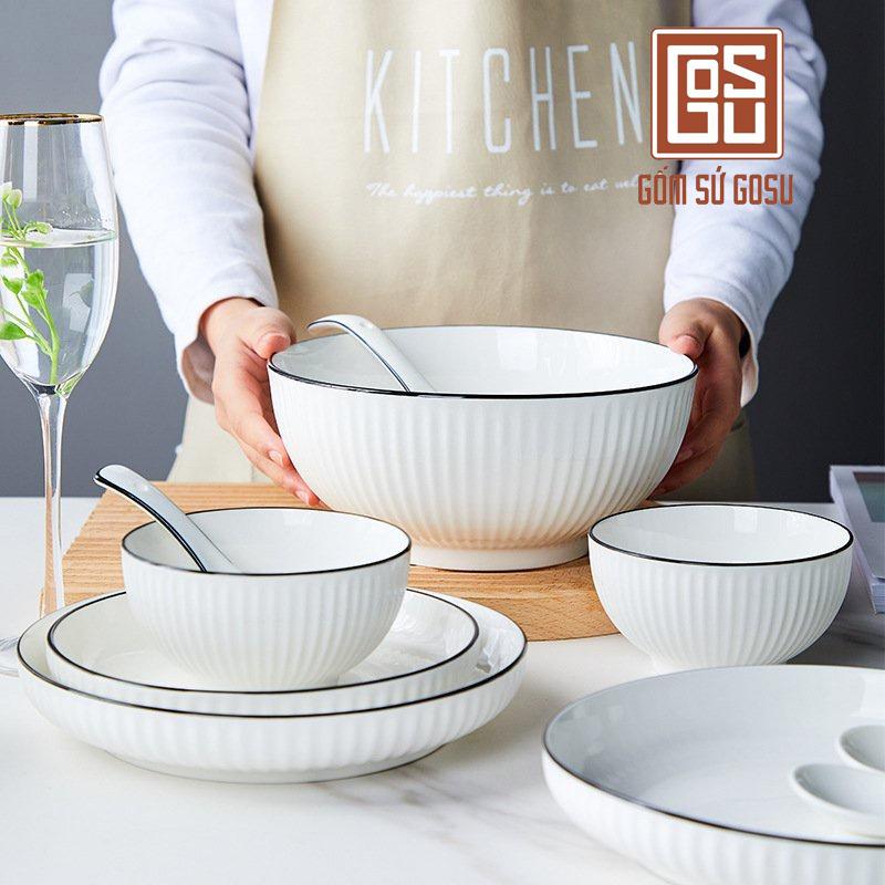 Bán lẻ bộ bát đĩa Trắng Viền Đen Tráng Men Cao Cấp