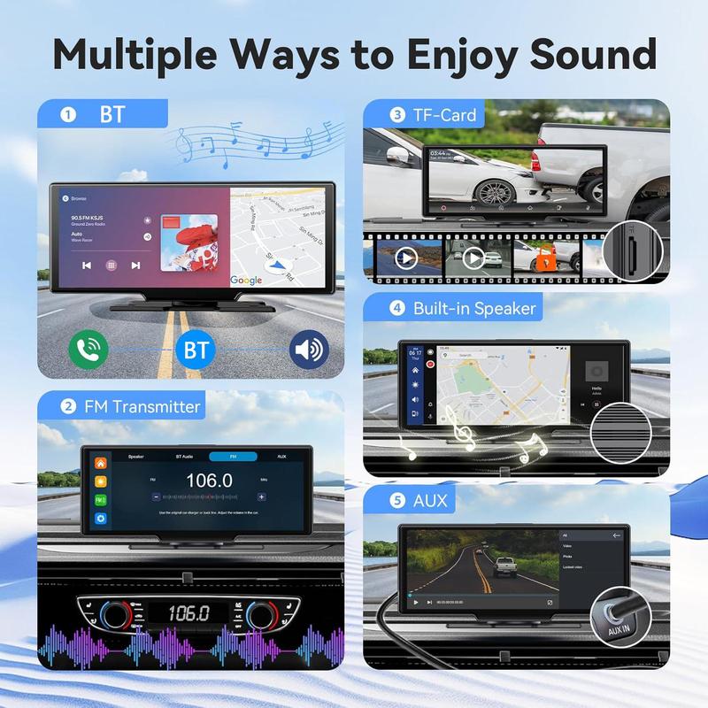 Product Introduction of 10.2 Inch Wireless Car Player, Portable Car Player with Adjustable & Detachable Mount, 4K Dash Cam & 1080P Backup Camera, HD IPS Touchscreen, GPS Navigation, Bluetooth-compatible, Car Stereo, Radio 6