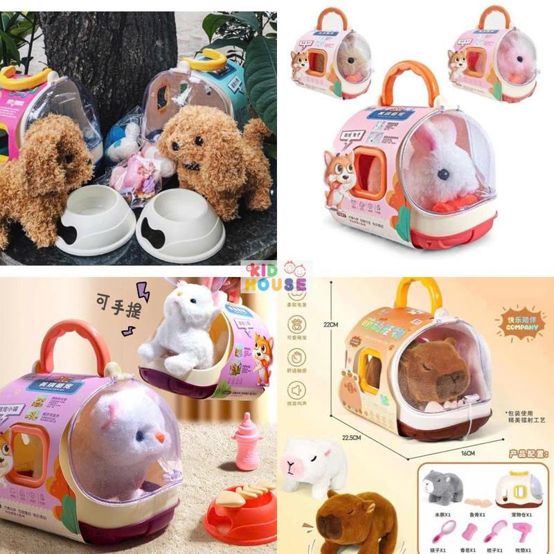 Có pin Đồ chơi chăm sóc thú cưng lồng capy thỏ bông lồng mèo bông lồng chó bông biết đi biết kêu vẫy đuôi có phụ kiện ba lô chó bông