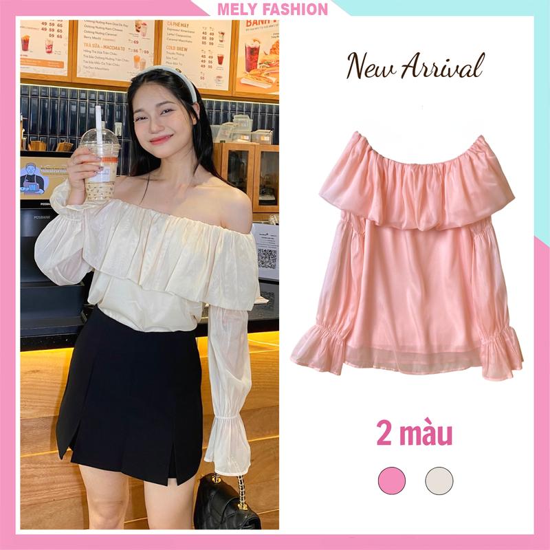 Áo trễ vai nữ tay dài bồng bo chun dáng babydoll tiểu thư chất voan tơ 2 lớp phong cách Hàn Quốc Mely Fashion ASM17