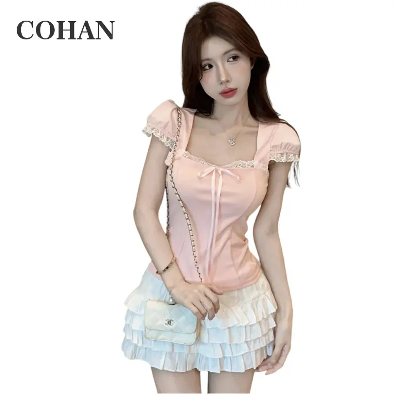 Cohan DS064 Women Top Crop Square Neck  Short Sleeve  Fashion Brown S/M/L 0