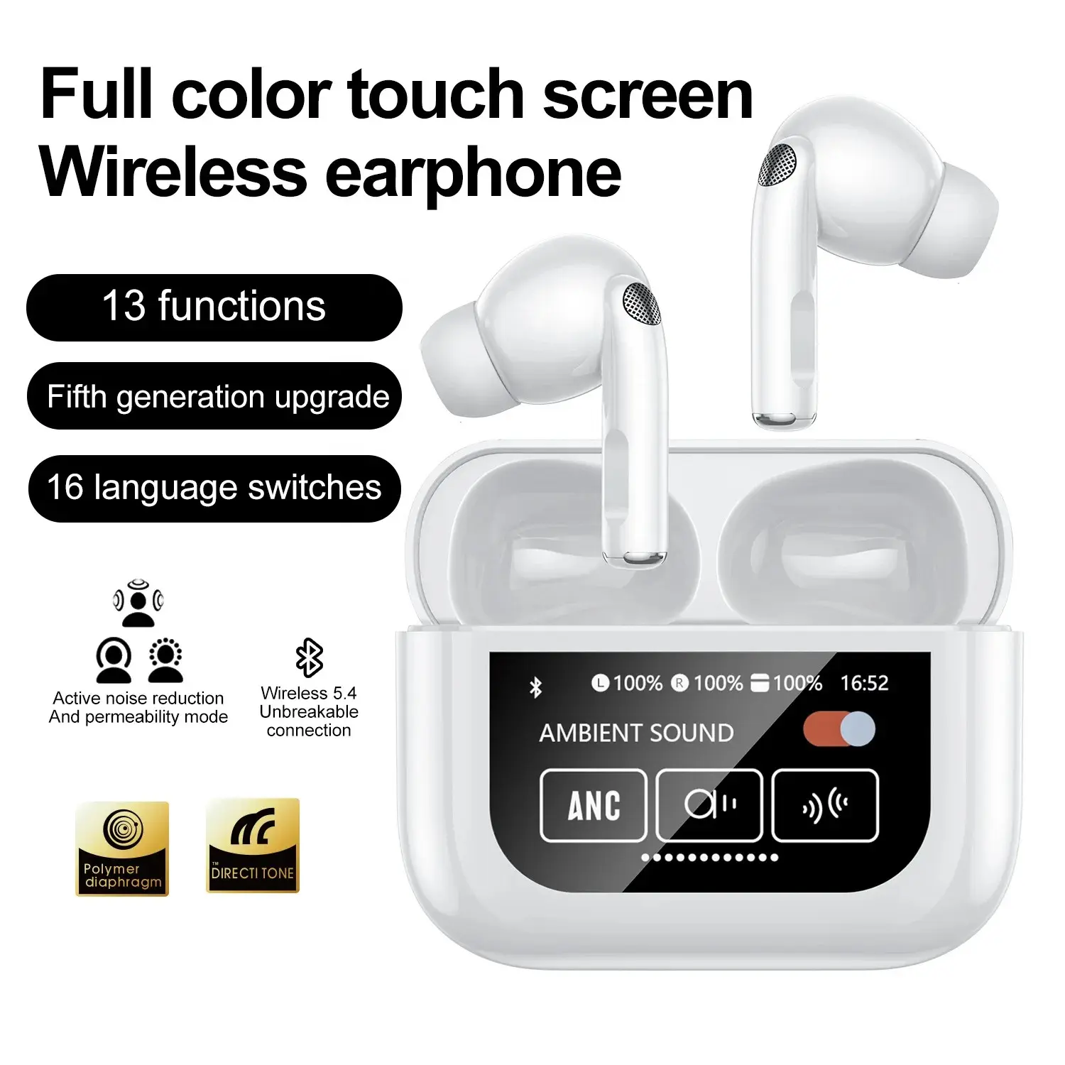 2024 best-selling smart touch screen wireless Bluetooth earphones for high-definition calls, Anc Enc noise reduction, business wireless earplugs with LCD display suitable for all smartphones