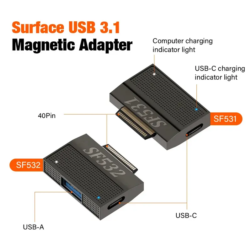 Microsoft Surface Magnetic Charger SF531/SF532 USB Type C PD 45W Adapter 40 Pin USB3.1 HUB 10Gbps Data Power Plug for Surface Pro X 8 7 6 5 4 3 Go Book Fast Charging 1