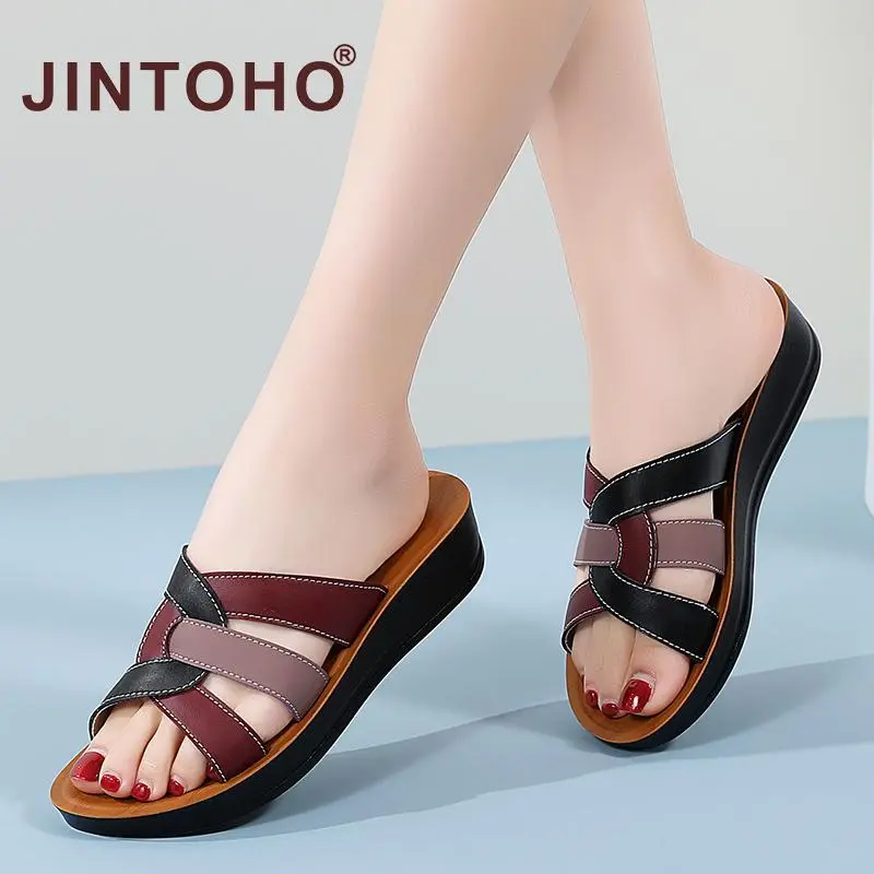 JINTOHO High Quality Women Cheap Leather Slippers Fashion Casual Rubber Sandals Ladies Shoes