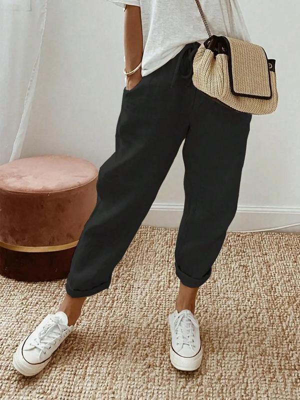 Women's Plain Pocket Drawstring Waist Straight Leg Pants, Casual Comfy Trousers for Everyday Wear, Fashion Ladies Bottoms for All Seasons, Womenswear 4