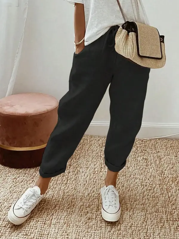 Women's Plain Pocket Drawstring Waist Straight Leg Pants, Casual Comfy Trousers for Everyday Wear, Fashion Ladies Bottoms for All Seasons, Womenswear 1