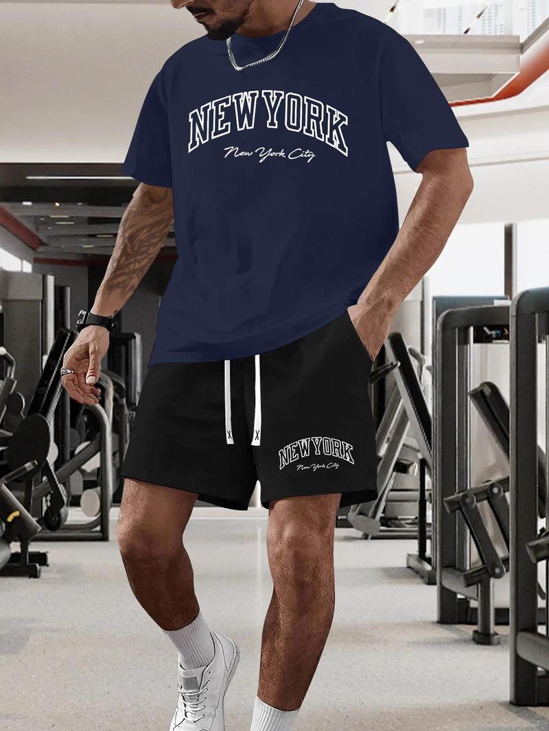 Product Introduction of Men's New York Print Short Sleeve Tee & Shorts Set, Regular Fit Casual Round Neck T-shirt & Track Shorts, Summer Clothes Set for Men 9