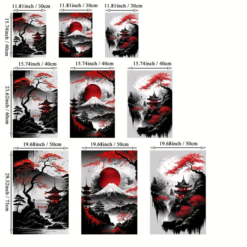 Japanese Landscape Pattern Canvas Painting without Frame, 3pcs/set Waterproof Wall Hanging Decoration Poster Painting for Living Room Bedroom 1