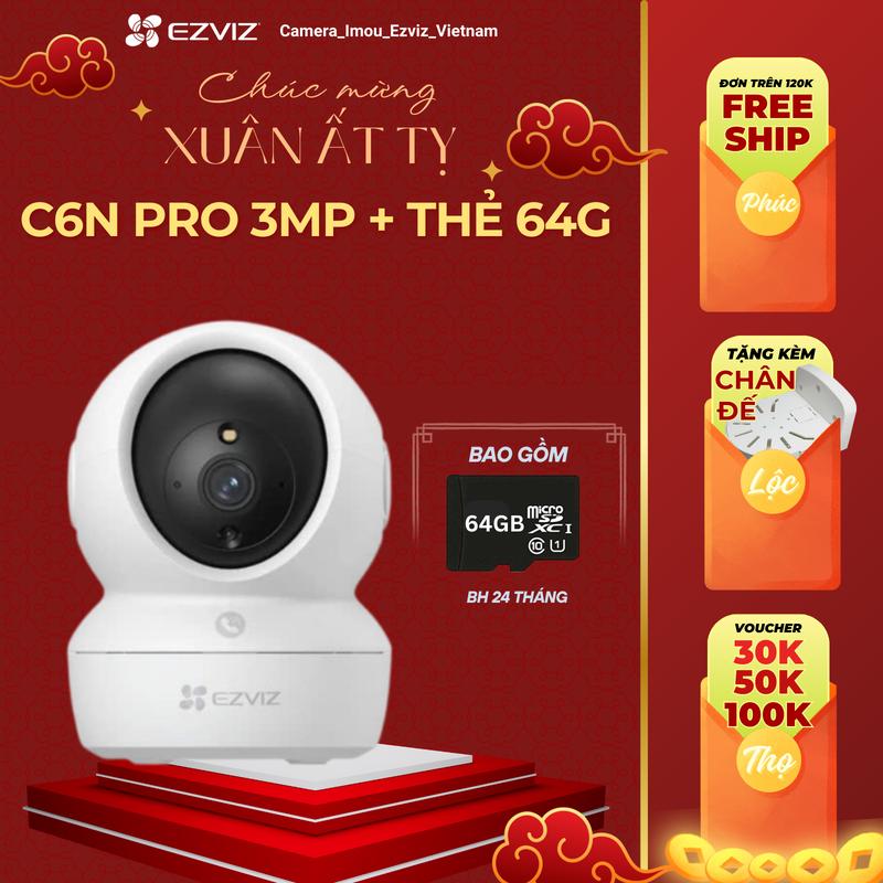 {Combo} Camera Wifi Ezviz trong nhà C6N PRO 2K 3M /  H6C PRO 2K + Thẻ nhớ 64G có màu đêm, xoay 360, nút gọi khẩn cấp
