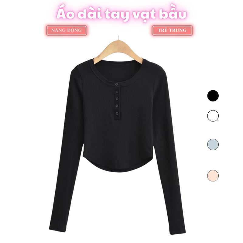  Áo dài tay vạt bầu phối khuy thun nữ kiểu dáng ôm body bánh bèo tiểu thư hotgirl sexy Hàn Quốc 